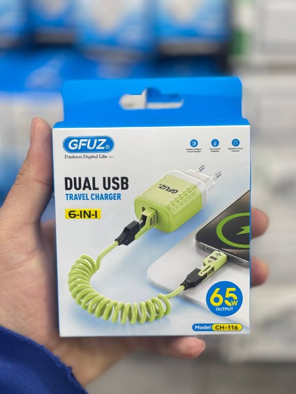شاحن سفر USB مزدوج 6 في 1 أخضر فاتح CH-116 (6.5W)